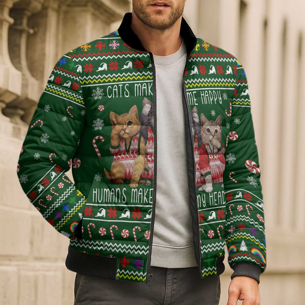 Funny Cats Make Me Happy Humans Make My Head Hurt Quote Bomber Puffer Jacket with Green Christmas Pattern - Wonder Print Shop