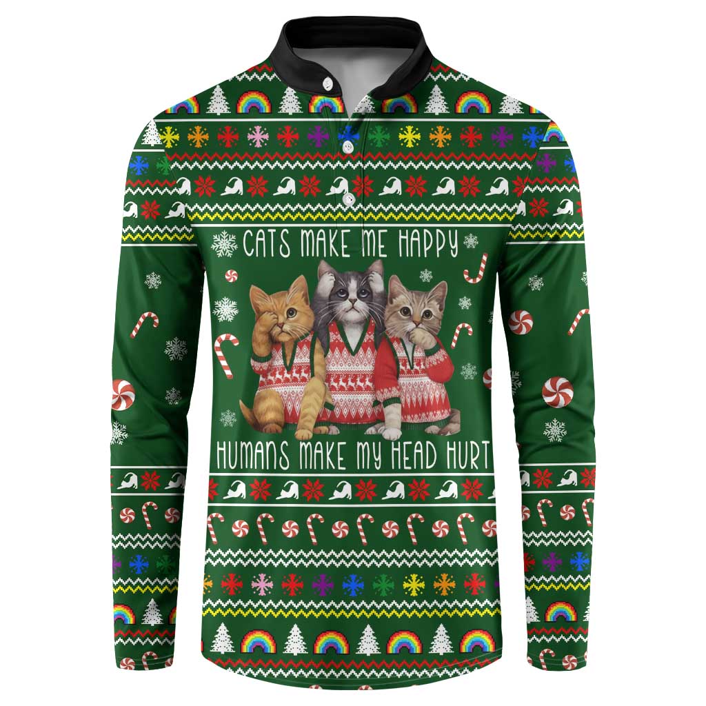 Funny Cats Make Me Happy Humans Make My Head Hurt Quote Button Sweatshirt with Green Christmas Pattern - Wonder Print Shop