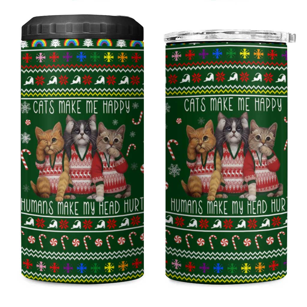 Funny Cats Make Me Happy Humans Make My Head Hurt Quote 4 in 1 Can Cooler Tumbler with Green Christmas Pattern - Wonder Print Shop