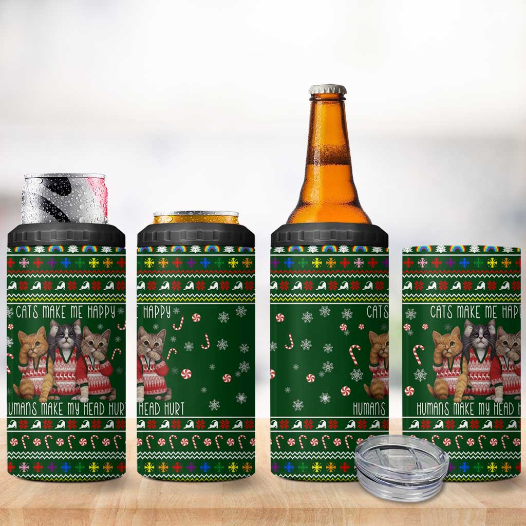 Funny Cats Make Me Happy Humans Make My Head Hurt Quote 4 in 1 Can Cooler Tumbler with Green Christmas Pattern - Wonder Print Shop