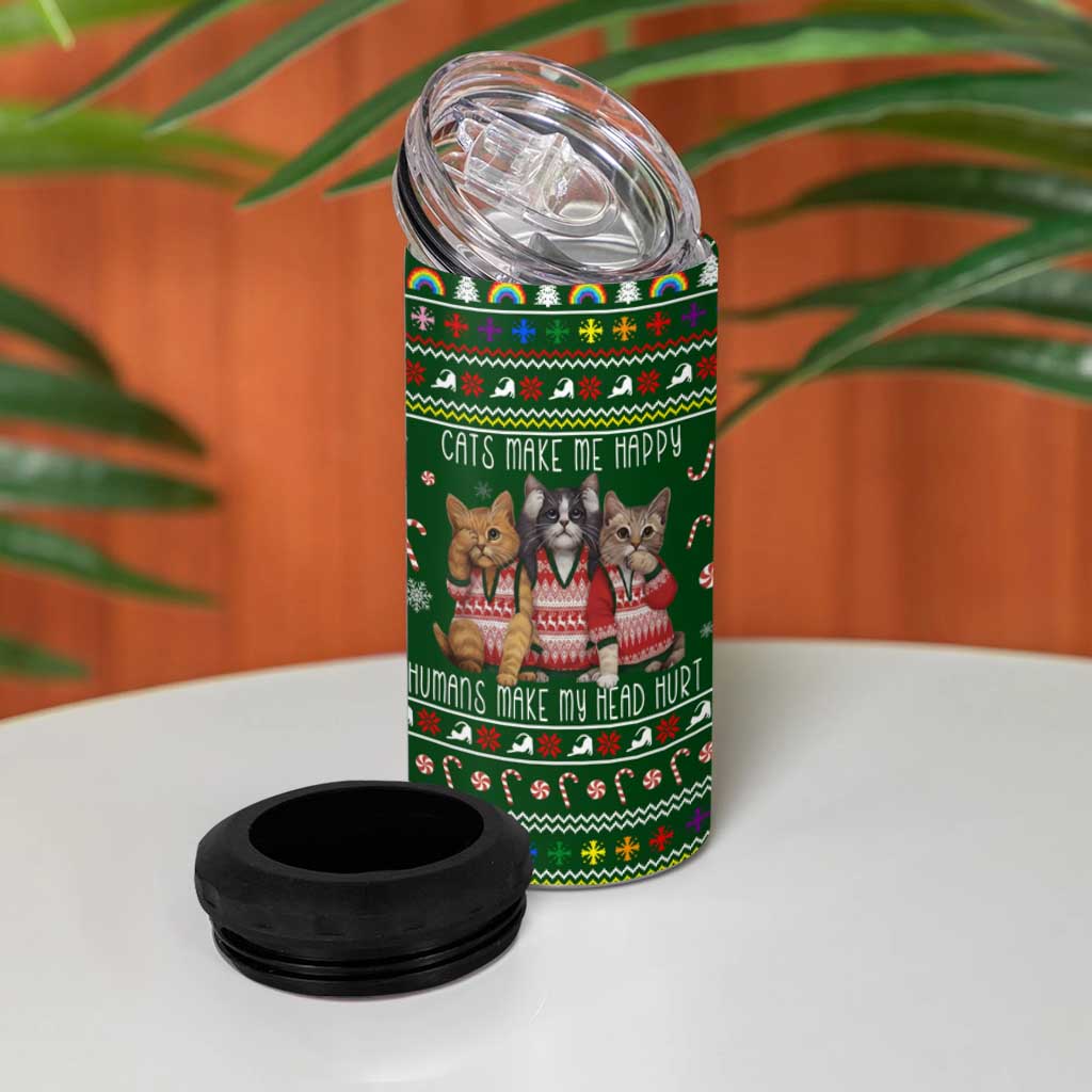 Funny Cats Make Me Happy Humans Make My Head Hurt Quote 4 in 1 Can Cooler Tumbler with Green Christmas Pattern - Wonder Print Shop