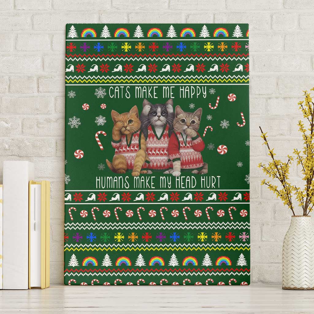 Funny Cats Make Me Happy Humans Make My Head Hurt Quote Canvas Wall Art with Green Christmas Pattern - Wonder Print Shop