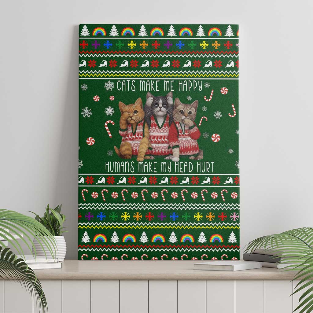 Funny Cats Make Me Happy Humans Make My Head Hurt Quote Canvas Wall Art with Green Christmas Pattern - Wonder Print Shop