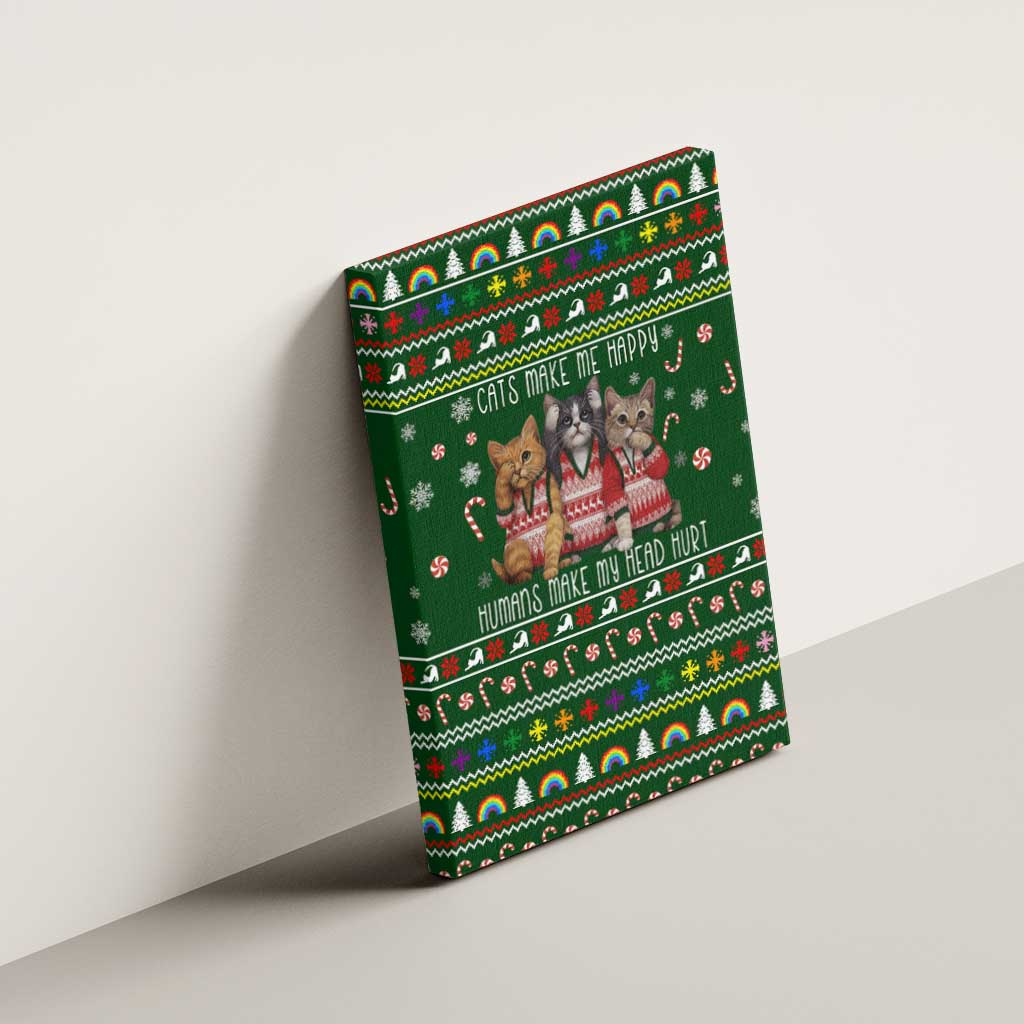 Funny Cats Make Me Happy Humans Make My Head Hurt Quote Canvas Wall Art with Green Christmas Pattern - Wonder Print Shop