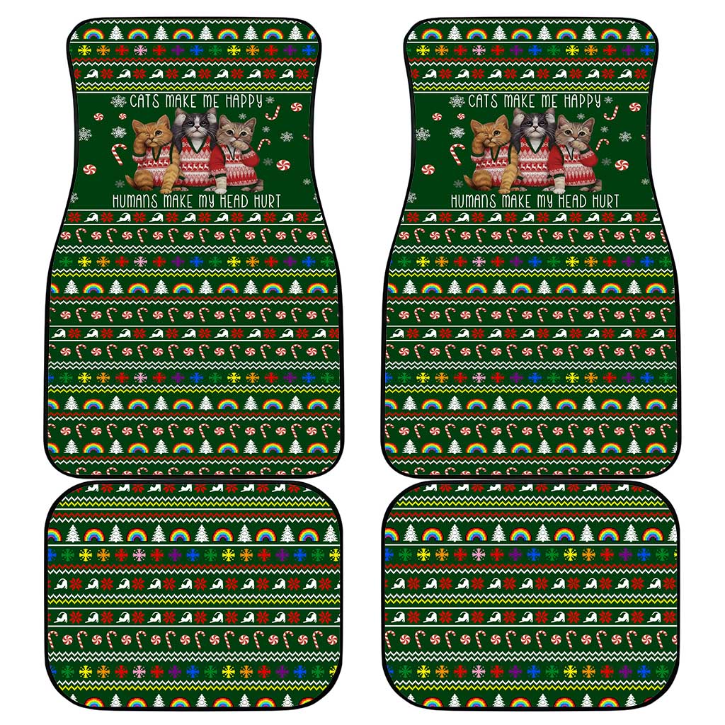 Funny Cats Make Me Happy Humans Make My Head Hurt Quote Car Mats with Green Christmas Pattern - Wonder Print Shop