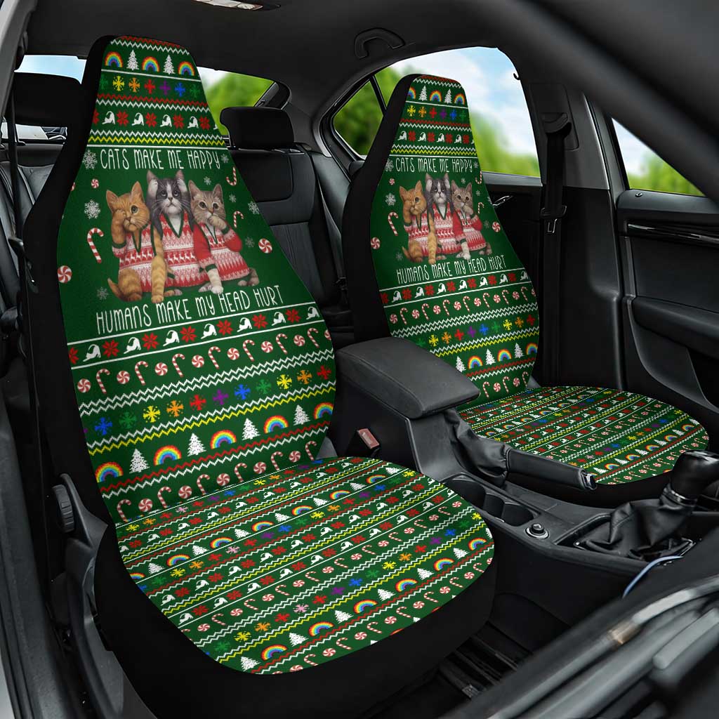 Funny Cats Make Me Happy Humans Make My Head Hurt Quote Car Seat Cover with Green Christmas Pattern - Wonder Print Shop