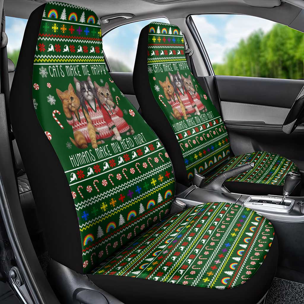 Funny Cats Make Me Happy Humans Make My Head Hurt Quote Car Seat Cover with Green Christmas Pattern - Wonder Print Shop