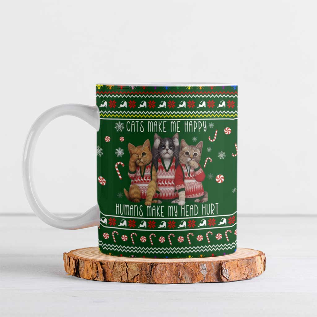 Funny Cats Make Me Happy Humans Make My Head Hurt Quote Ceramic Mug with Green Christmas Pattern - Wonder Print Shop