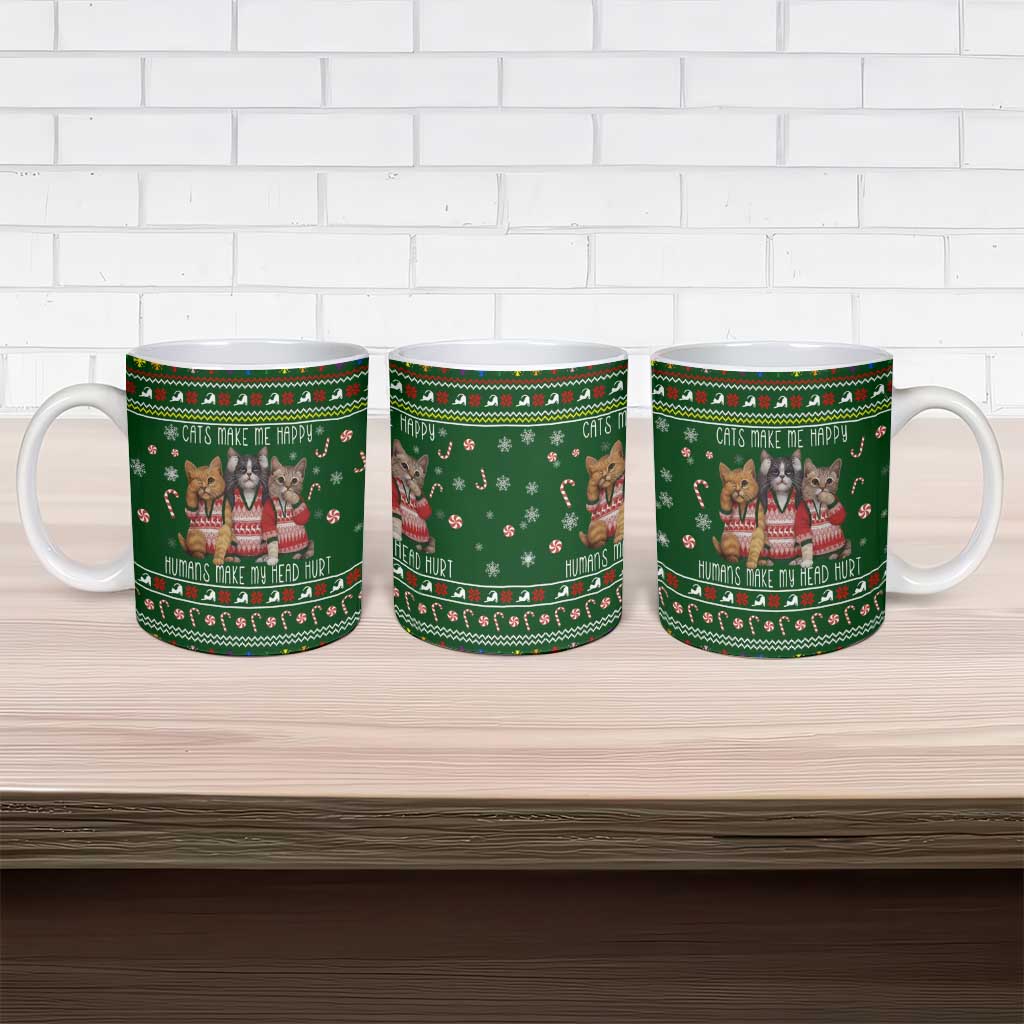 Funny Cats Make Me Happy Humans Make My Head Hurt Quote Ceramic Mug with Green Christmas Pattern - Wonder Print Shop