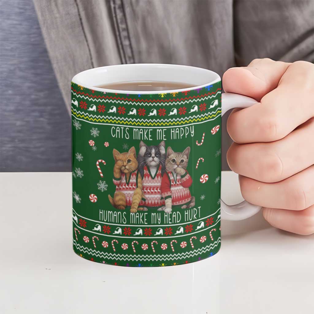 Funny Cats Make Me Happy Humans Make My Head Hurt Quote Ceramic Mug with Green Christmas Pattern - Wonder Print Shop