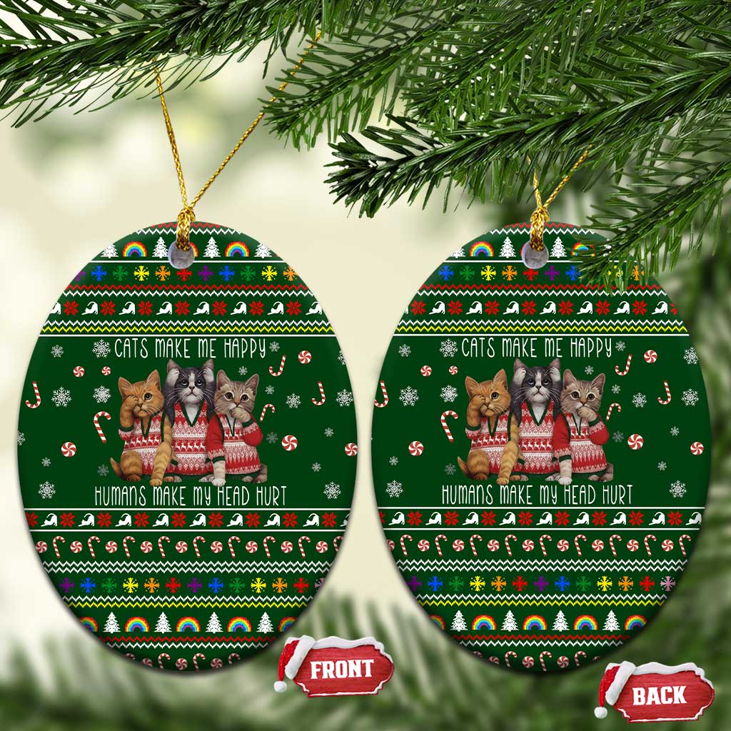 Funny Cats Make Me Happy Humans Make My Head Hurt Quote Ceramic Ornament with Green Christmas Pattern - Wonder Print Shop