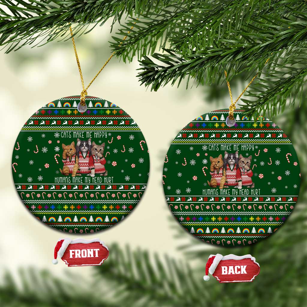 Funny Cats Make Me Happy Humans Make My Head Hurt Quote Ceramic Ornament with Green Christmas Pattern - Wonder Print Shop