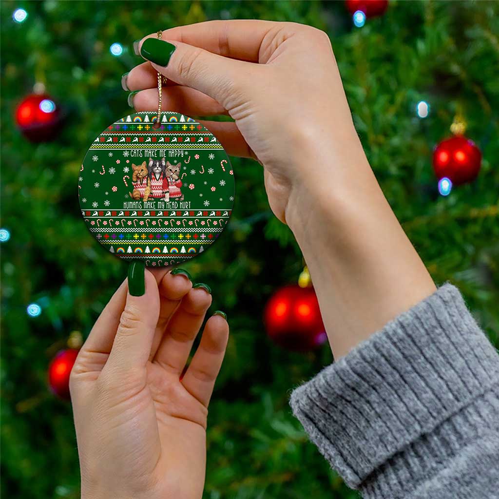 Funny Cats Make Me Happy Humans Make My Head Hurt Quote Ceramic Ornament with Green Christmas Pattern - Wonder Print Shop