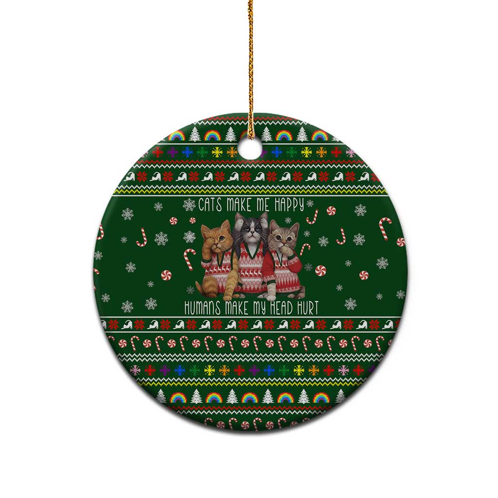 Funny Cats Make Me Happy Humans Make My Head Hurt Quote Ceramic Ornament with Green Christmas Pattern - Wonder Print Shop