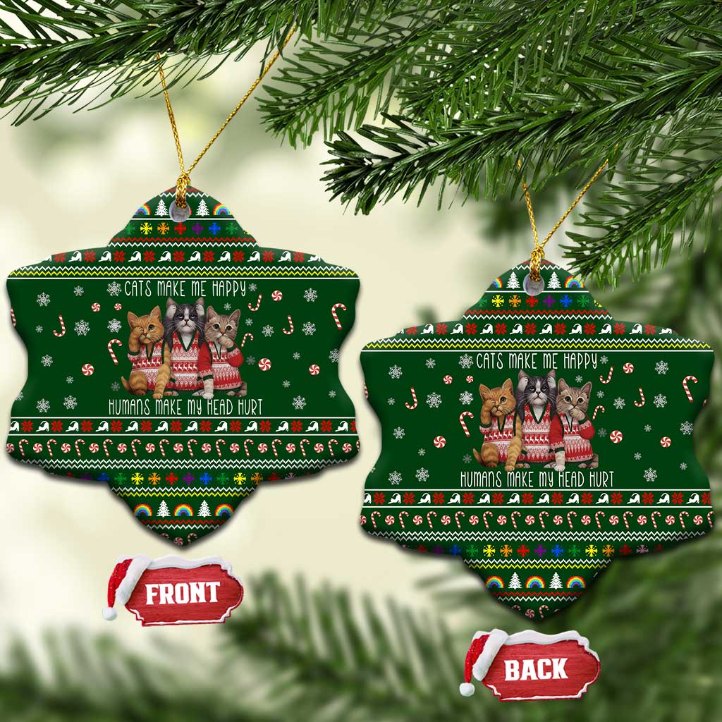 Funny Cats Make Me Happy Humans Make My Head Hurt Quote Ceramic Ornament with Green Christmas Pattern - Wonder Print Shop