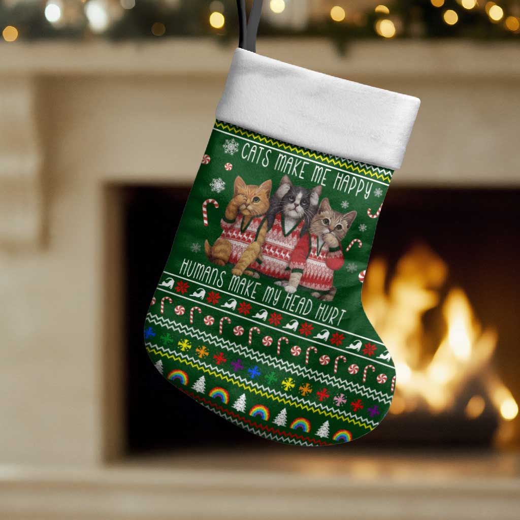 Funny Cats Make Me Happy Humans Make My Head Hurt Quote Christmas Stocking with Green Christmas Pattern - Wonder Print Shop