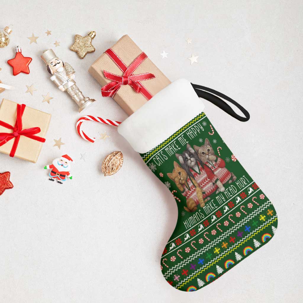 Funny Cats Make Me Happy Humans Make My Head Hurt Quote Christmas Stocking with Green Christmas Pattern - Wonder Print Shop