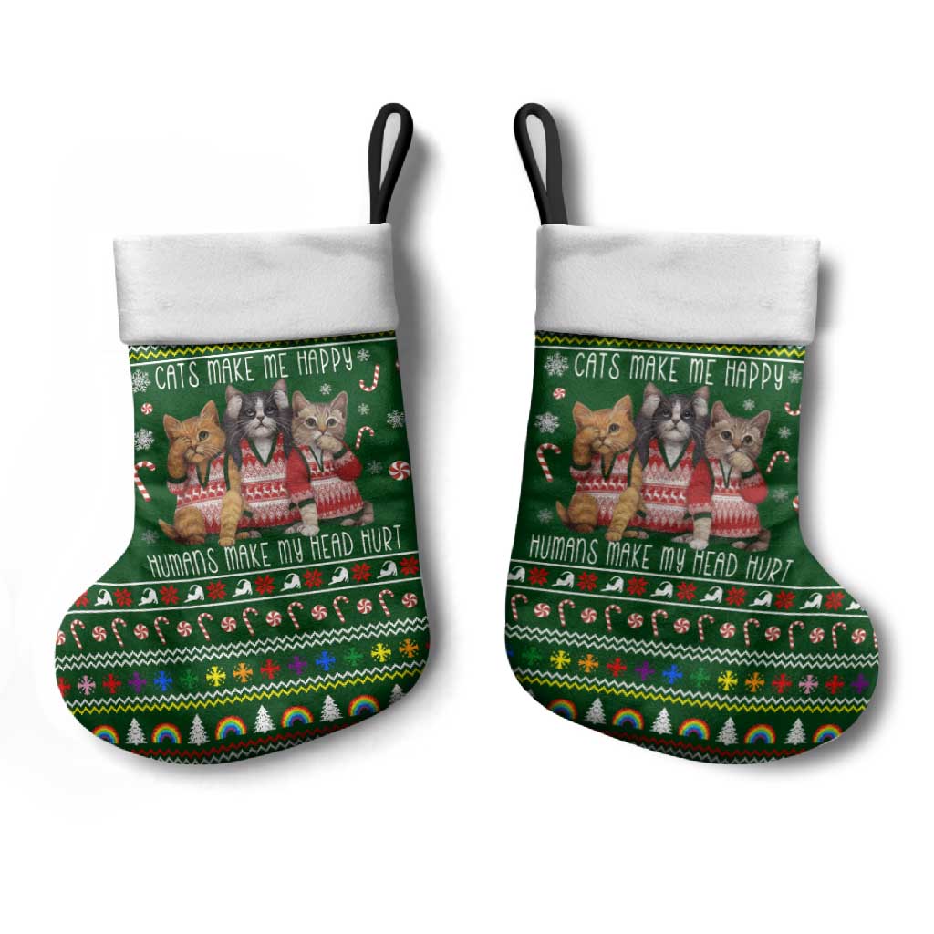 Funny Cats Make Me Happy Humans Make My Head Hurt Quote Christmas Stocking with Green Christmas Pattern - Wonder Print Shop