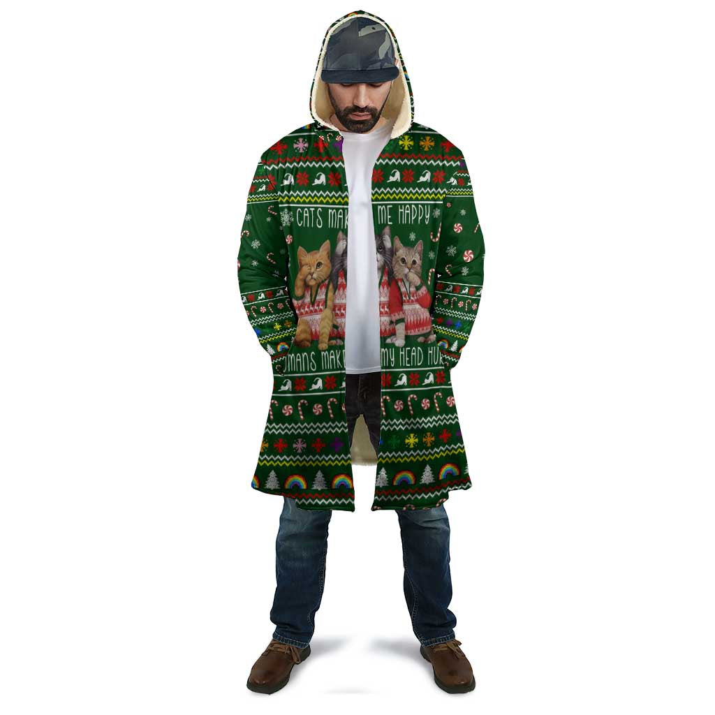 Funny Cats Make Me Happy Humans Make My Head Hurt Quote Cloak with Green Christmas Pattern - Wonder Print Shop