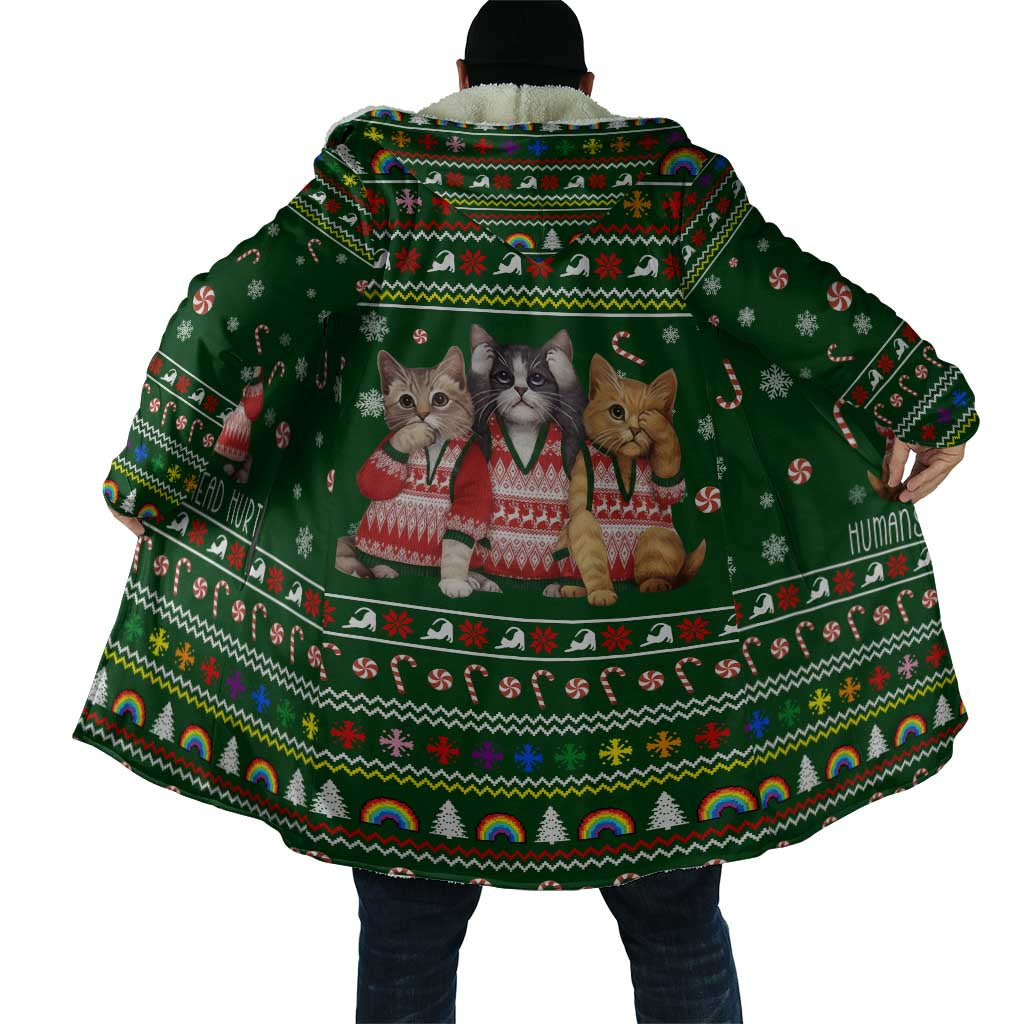 Funny Cats Make Me Happy Humans Make My Head Hurt Quote Cloak with Green Christmas Pattern - Wonder Print Shop
