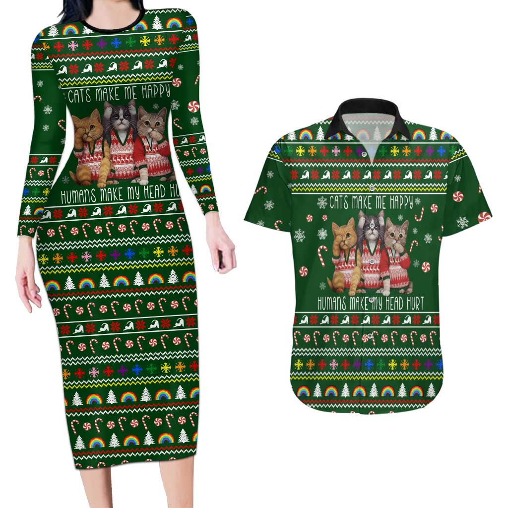 Funny Cats Make Me Happy Humans Make My Head Hurt Quote Couples Matching Long Sleeve Bodycon Dress and Hawaiian Shirt with Green Christmas Pattern - Wonder Print Shop
