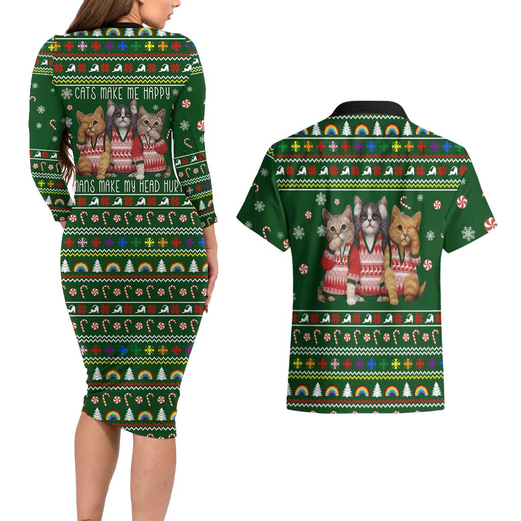 Funny Cats Make Me Happy Humans Make My Head Hurt Quote Couples Matching Long Sleeve Bodycon Dress and Hawaiian Shirt with Green Christmas Pattern - Wonder Print Shop