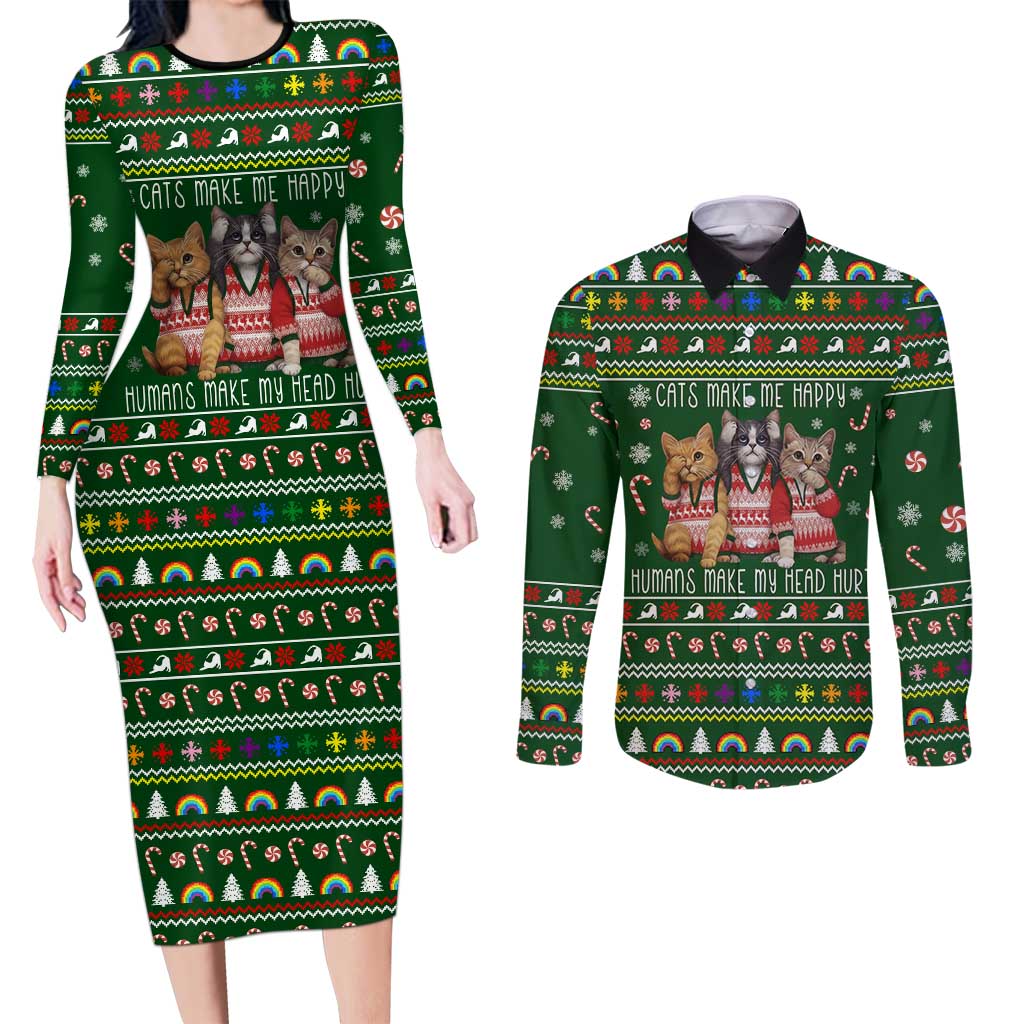 Funny Cats Make Me Happy Humans Make My Head Hurt Quote Couples Matching Long Sleeve Bodycon Dress and Long Sleeve Button Shirt with Green Christmas Pattern - Wonder Print Shop