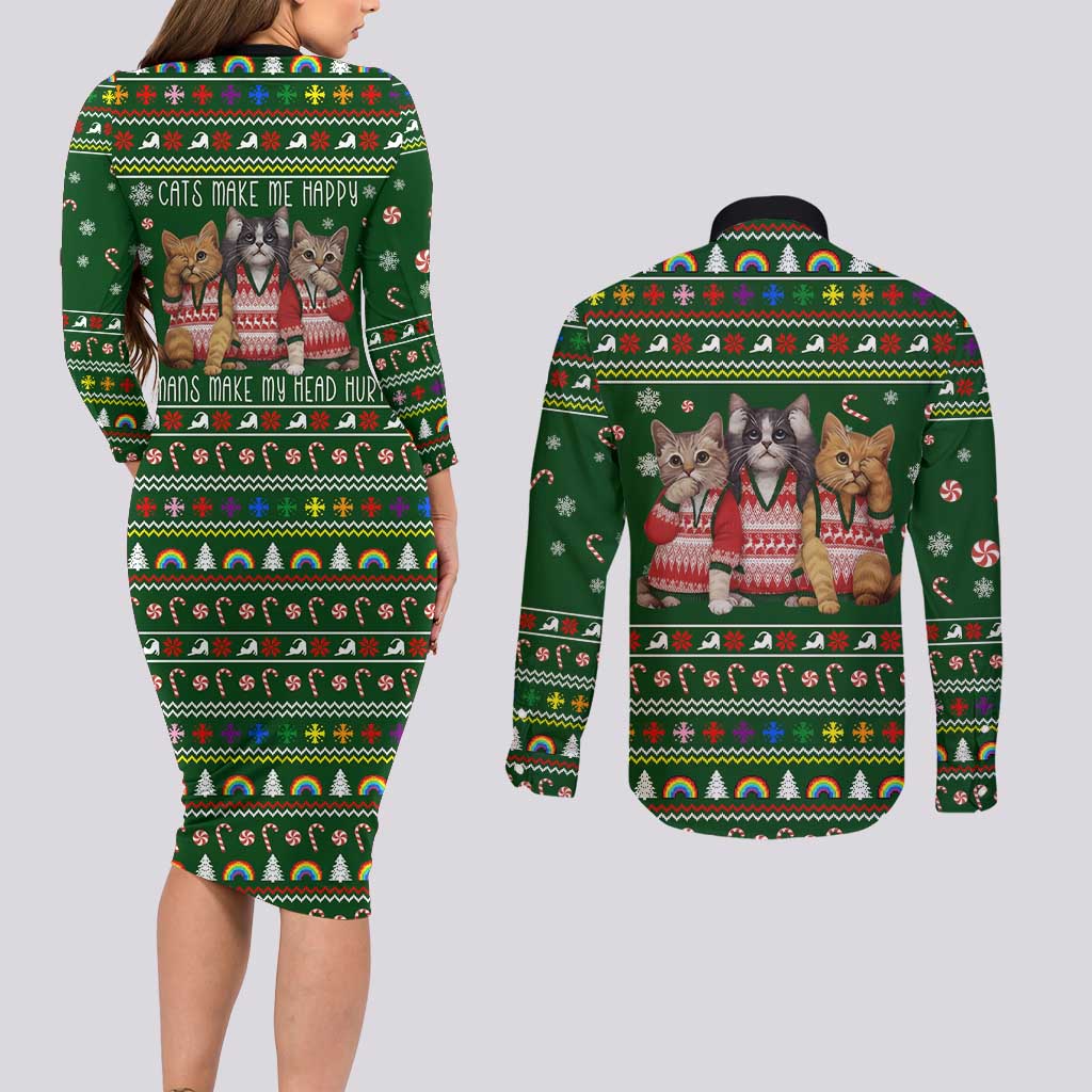 Funny Cats Make Me Happy Humans Make My Head Hurt Quote Couples Matching Long Sleeve Bodycon Dress and Long Sleeve Button Shirt with Green Christmas Pattern - Wonder Print Shop