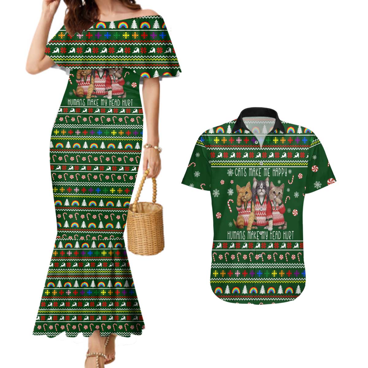 Funny Cats Make Me Happy Humans Make My Head Hurt Quote Couples Matching Mermaid Dress and Hawaiian Shirt with Green Christmas Pattern - Wonder Print Shop