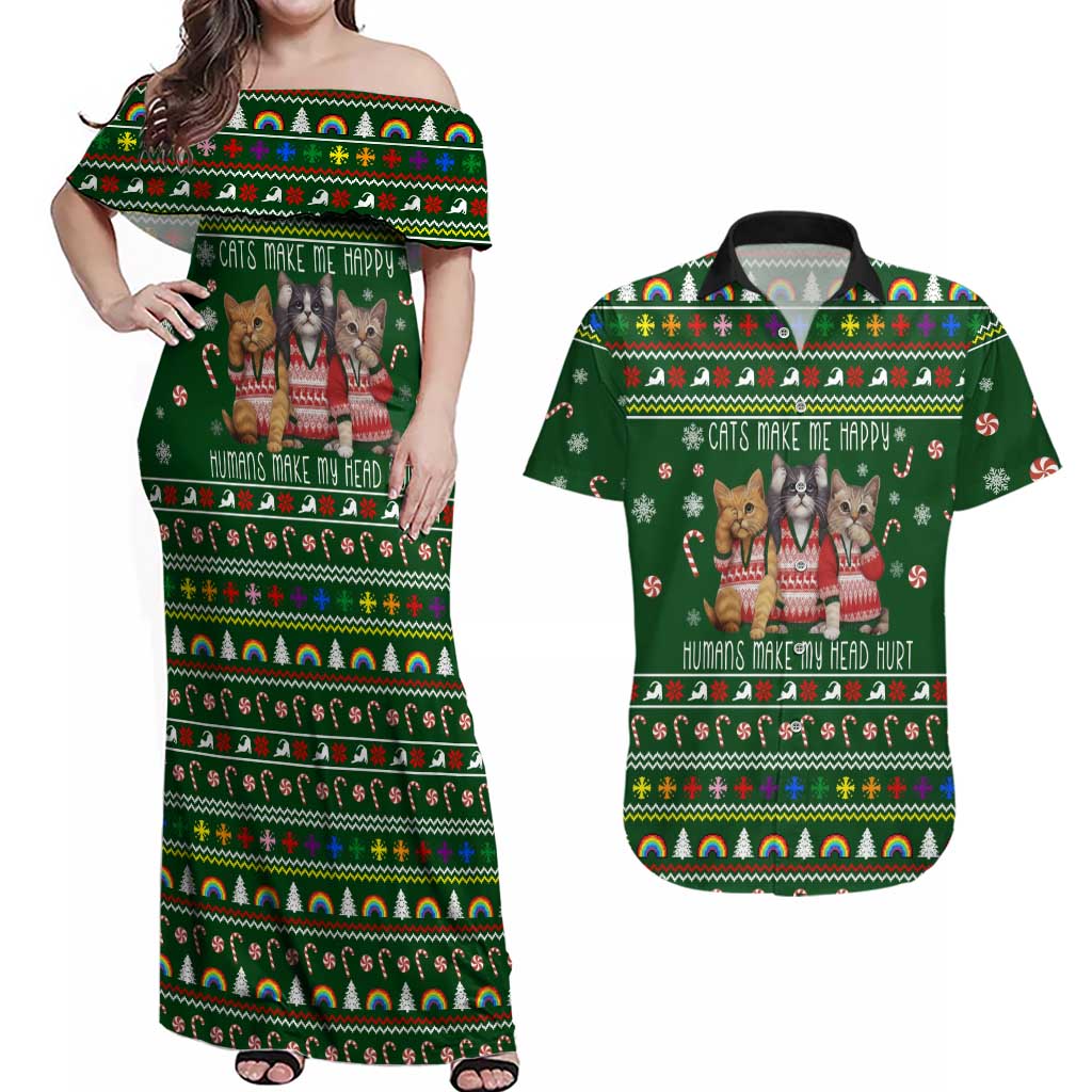 Funny Cats Make Me Happy Humans Make My Head Hurt Quote Couples Matching Off Shoulder Maxi Dress and Hawaiian Shirt with Green Christmas Pattern - Wonder Print Shop