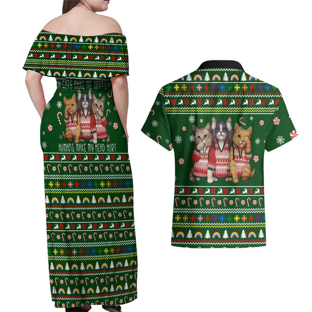 Funny Cats Make Me Happy Humans Make My Head Hurt Quote Couples Matching Off Shoulder Maxi Dress and Hawaiian Shirt with Green Christmas Pattern - Wonder Print Shop