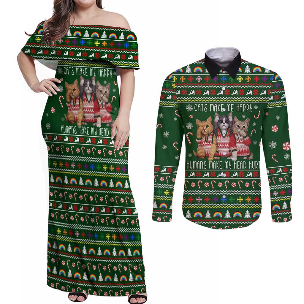 Funny Cats Make Me Happy Humans Make My Head Hurt Quote Couples Matching Off Shoulder Maxi Dress and Long Sleeve Button Shirt with Green Christmas Pattern - Wonder Print Shop