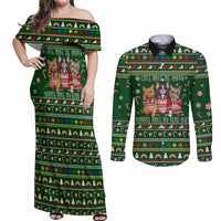 Funny Cats Make Me Happy Humans Make My Head Hurt Quote Couples Matching Off Shoulder Maxi Dress and Long Sleeve Button Shirt with Green Christmas Pattern - Wonder Print Shop