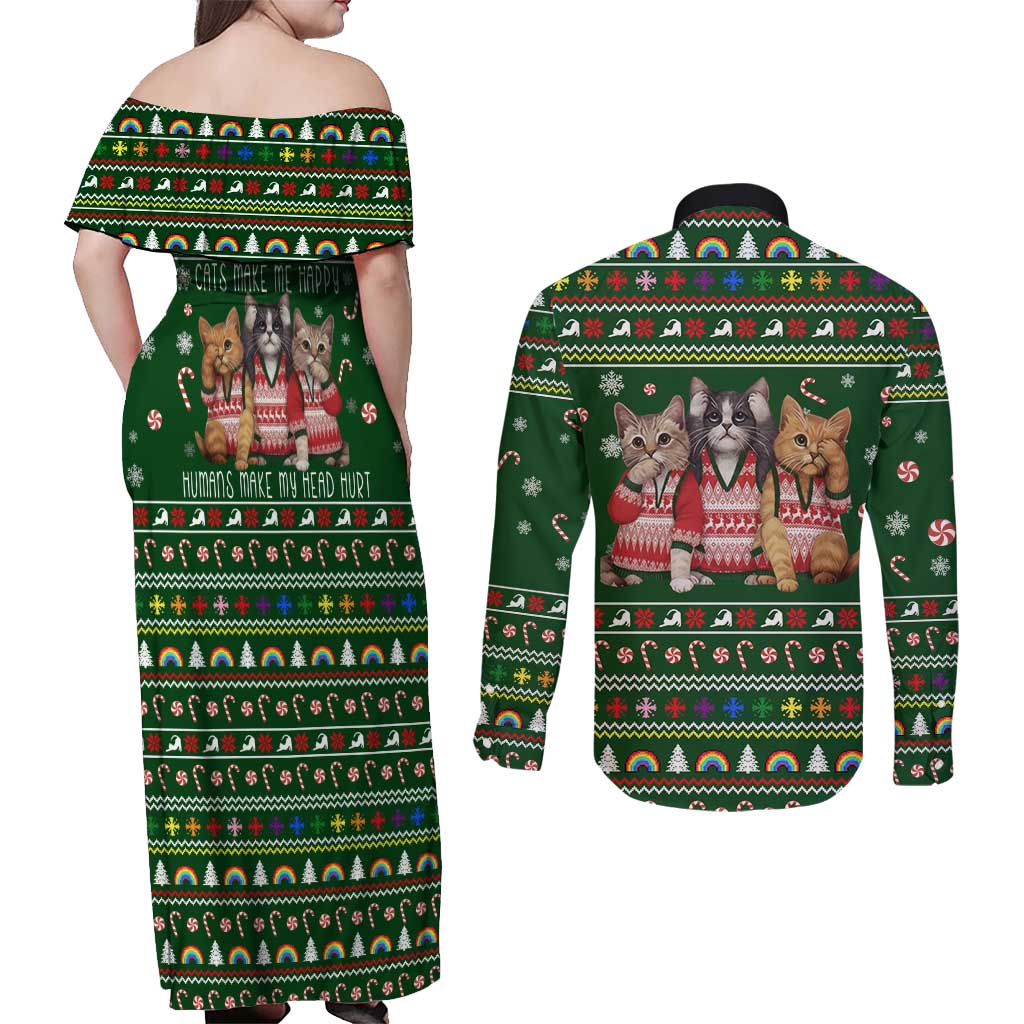 Funny Cats Make Me Happy Humans Make My Head Hurt Quote Couples Matching Off Shoulder Maxi Dress and Long Sleeve Button Shirt with Green Christmas Pattern - Wonder Print Shop