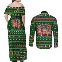 Funny Cats Make Me Happy Humans Make My Head Hurt Quote Couples Matching Off Shoulder Maxi Dress and Long Sleeve Button Shirt with Green Christmas Pattern - Wonder Print Shop