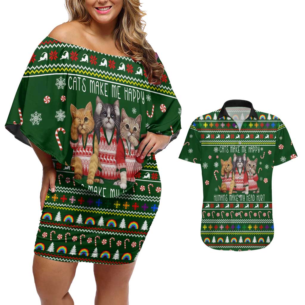 Funny Cats Make Me Happy Humans Make My Head Hurt Quote Couples Matching Off Shoulder Short Dress and Hawaiian Shirt with Green Christmas Pattern - Wonder Print Shop