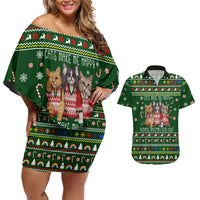 Funny Cats Make Me Happy Humans Make My Head Hurt Quote Couples Matching Off Shoulder Short Dress and Hawaiian Shirt with Green Christmas Pattern - Wonder Print Shop