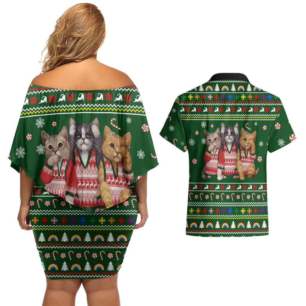 Funny Cats Make Me Happy Humans Make My Head Hurt Quote Couples Matching Off Shoulder Short Dress and Hawaiian Shirt with Green Christmas Pattern - Wonder Print Shop