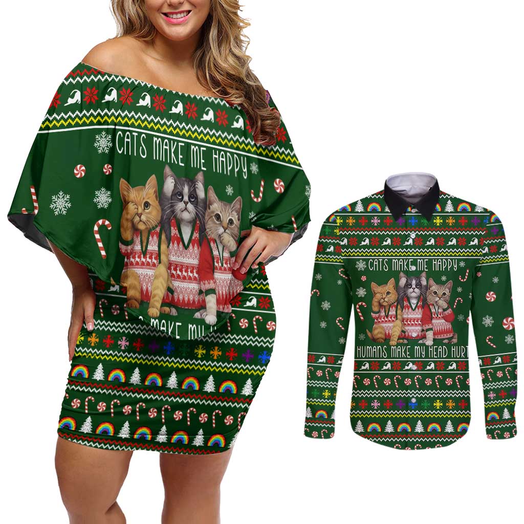Funny Cats Make Me Happy Humans Make My Head Hurt Quote Couples Matching Off Shoulder Short Dress and Long Sleeve Button Shirt with Green Christmas Pattern - Wonder Print Shop