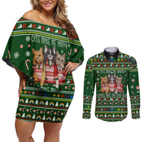 Funny Cats Make Me Happy Humans Make My Head Hurt Quote Couples Matching Off Shoulder Short Dress and Long Sleeve Button Shirt with Green Christmas Pattern - Wonder Print Shop