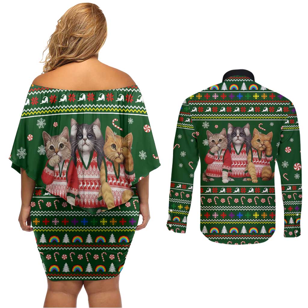 Funny Cats Make Me Happy Humans Make My Head Hurt Quote Couples Matching Off Shoulder Short Dress and Long Sleeve Button Shirt with Green Christmas Pattern - Wonder Print Shop