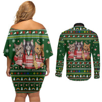 Funny Cats Make Me Happy Humans Make My Head Hurt Quote Couples Matching Off Shoulder Short Dress and Long Sleeve Button Shirt with Green Christmas Pattern - Wonder Print Shop