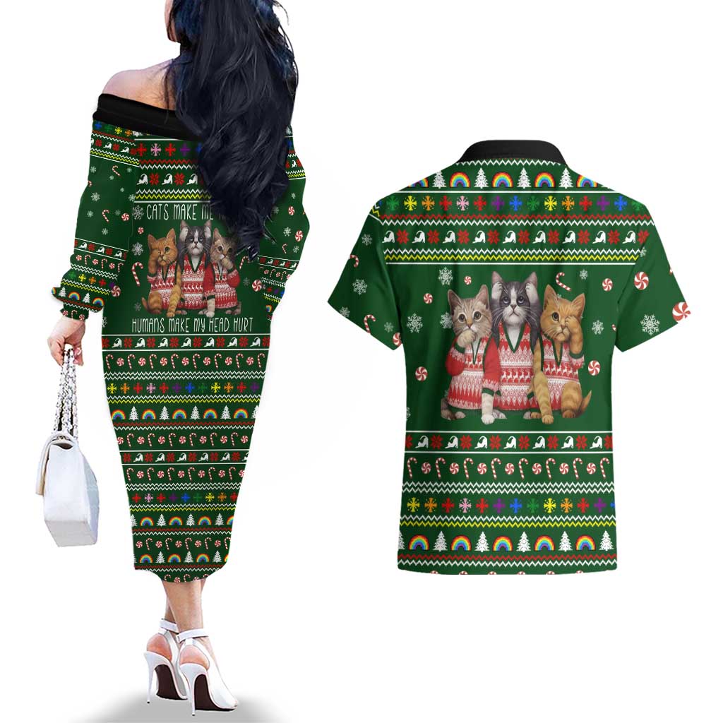 Funny Cats Make Me Happy Humans Make My Head Hurt Quote Couples Matching Off The Shoulder Long Sleeve Dress and Hawaiian Shirt with Green Christmas Pattern - Wonder Print Shop