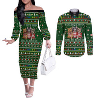 Funny Cats Make Me Happy Humans Make My Head Hurt Quote Couples Matching Off The Shoulder Long Sleeve Dress and Long Sleeve Button Shirt with Green Christmas Pattern - Wonder Print Shop