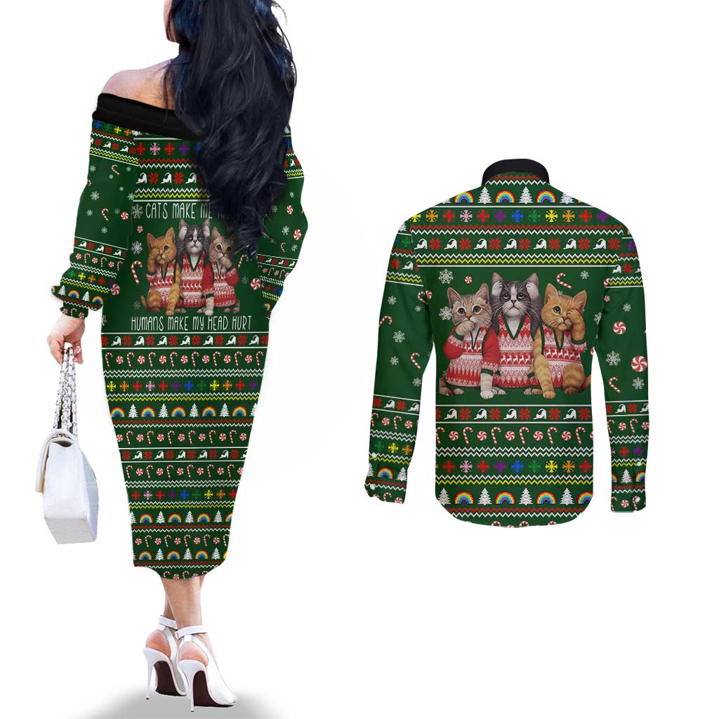 Funny Cats Make Me Happy Humans Make My Head Hurt Quote Couples Matching Off The Shoulder Long Sleeve Dress and Long Sleeve Button Shirt with Green Christmas Pattern - Wonder Print Shop
