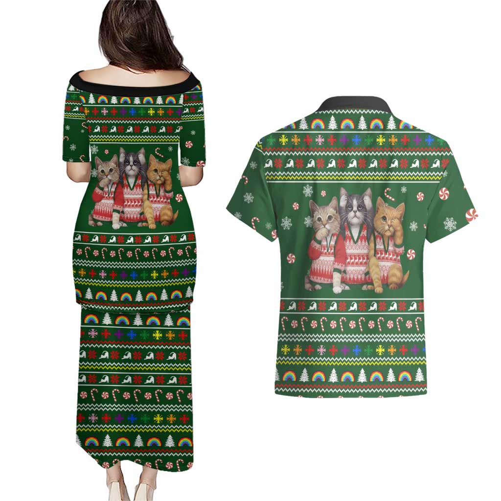 Funny Cats Make Me Happy Humans Make My Head Hurt Quote Couples Matching Puletasi and Hawaiian Shirt with Green Christmas Pattern - Wonder Print Shop