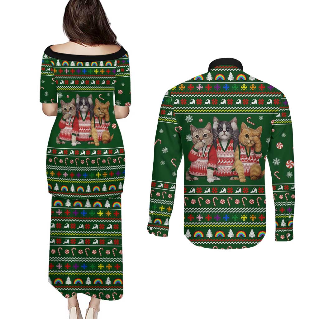 Funny Cats Make Me Happy Humans Make My Head Hurt Quote Couples Matching Puletasi and Long Sleeve Button Shirt with Green Christmas Pattern - Wonder Print Shop