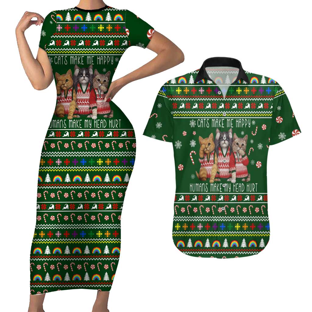Funny Cats Make Me Happy Humans Make My Head Hurt Quote Couples Matching Short Sleeve Bodycon Dress and Hawaiian Shirt with Green Christmas Pattern - Wonder Print Shop