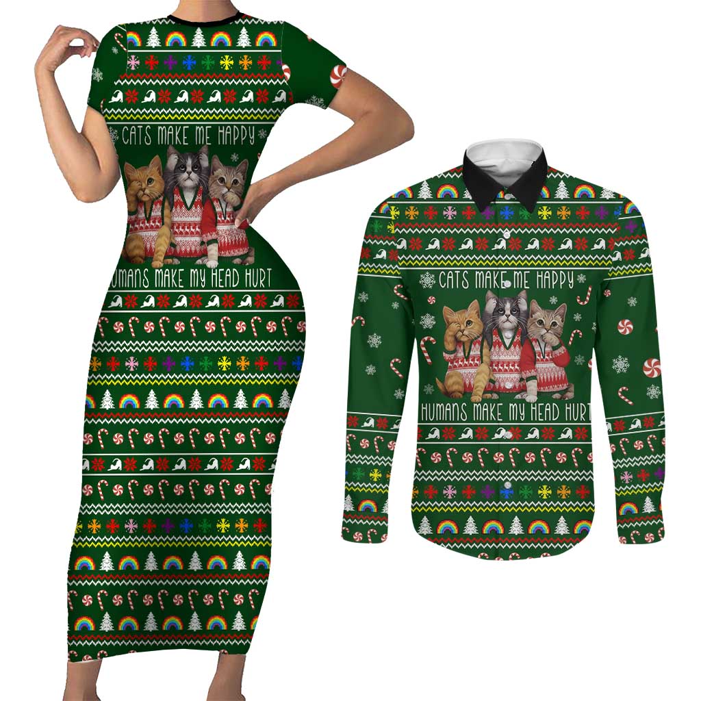 Funny Cats Make Me Happy Humans Make My Head Hurt Quote Couples Matching Short Sleeve Bodycon Dress and Long Sleeve Button Shirt with Green Christmas Pattern - Wonder Print Shop