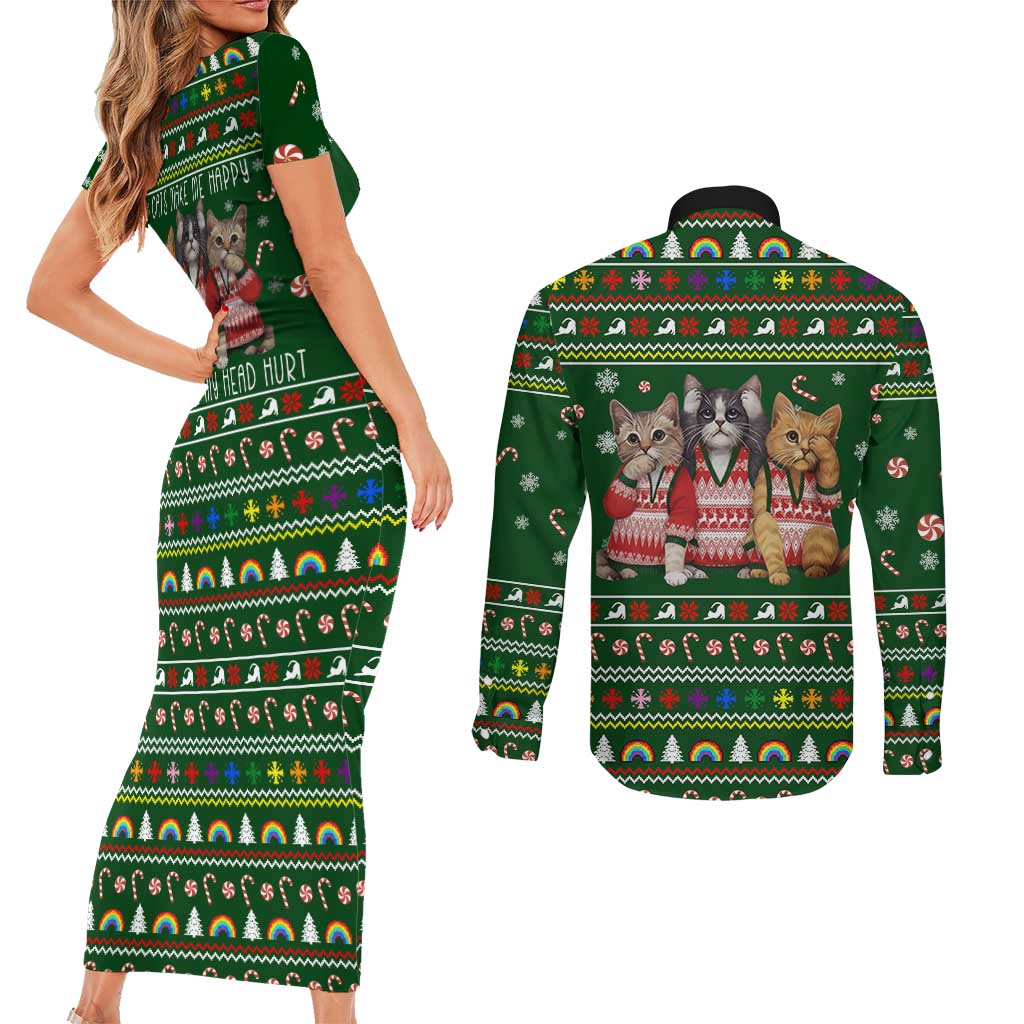 Funny Cats Make Me Happy Humans Make My Head Hurt Quote Couples Matching Short Sleeve Bodycon Dress and Long Sleeve Button Shirt with Green Christmas Pattern - Wonder Print Shop